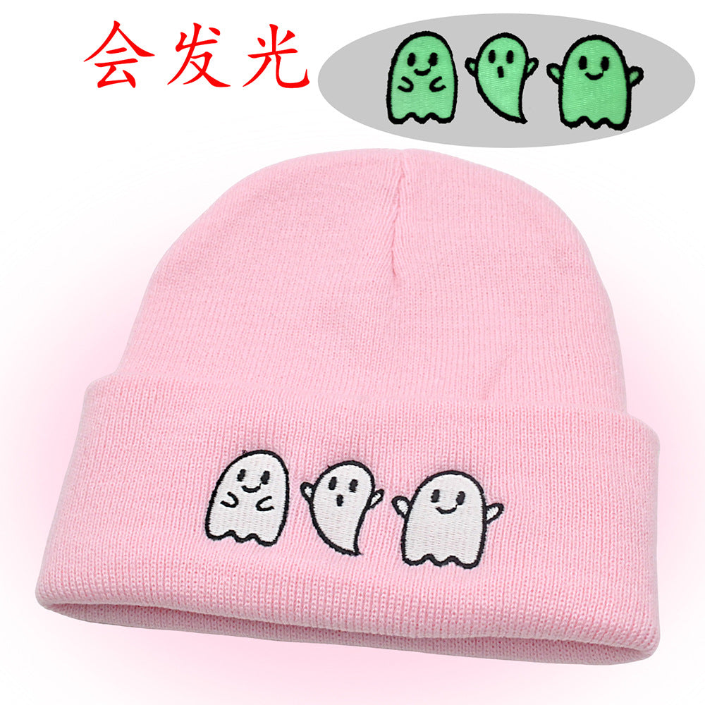 New Luminous Ghost Knitted Hat Halloween Cute Embroidered Little Devil Beanie Festive Pullover Hat Hip-Hop Hat