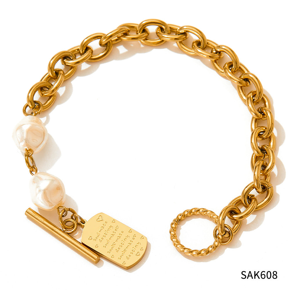 Geometric Square Pearl Bracelet Stitching Necklace Neutral Wind Hip-Hop Stainless Steel Sweater Chain Jewelry Set