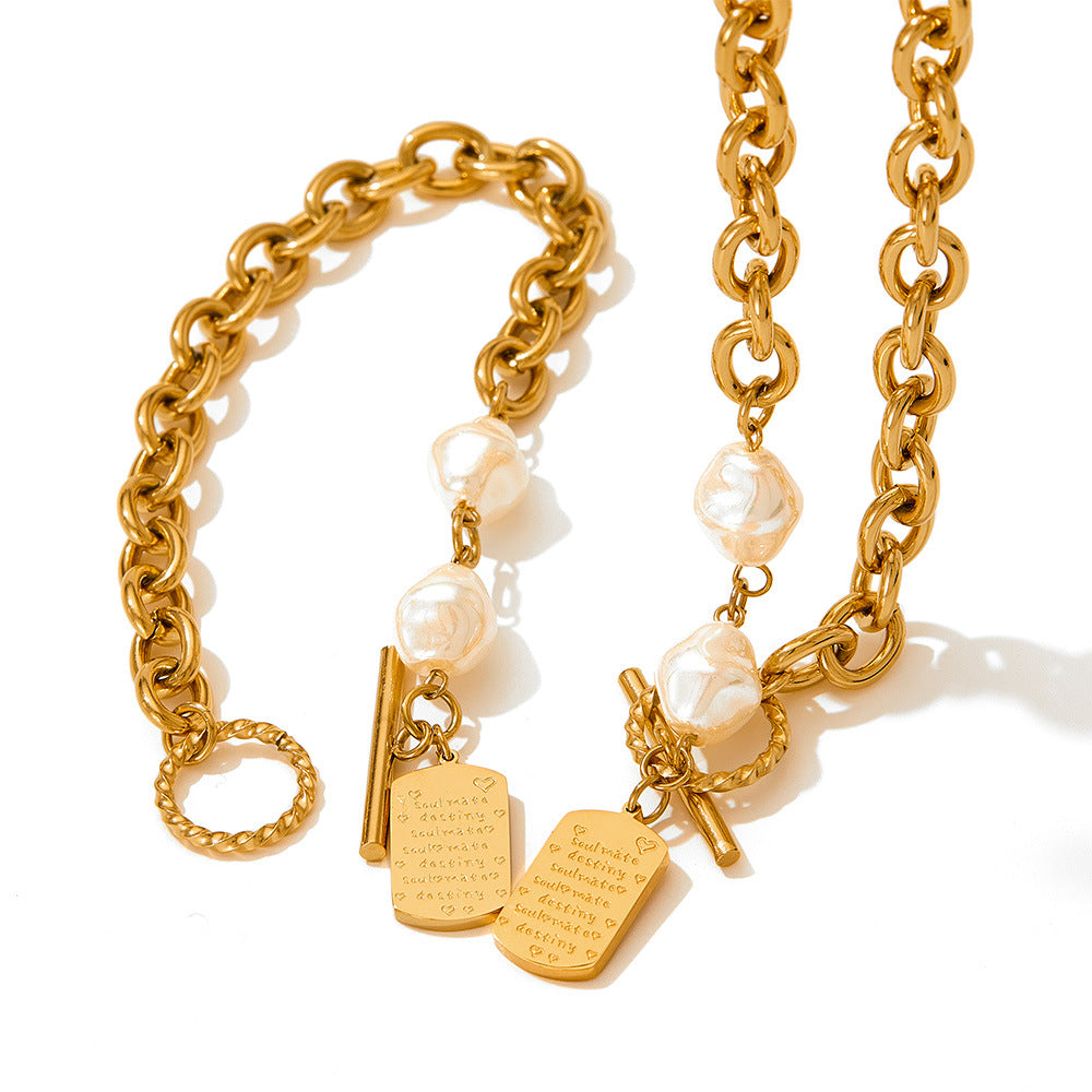 Geometric Square Pearl Bracelet Stitching Necklace Neutral Wind Hip-Hop Stainless Steel Sweater Chain Jewelry Set