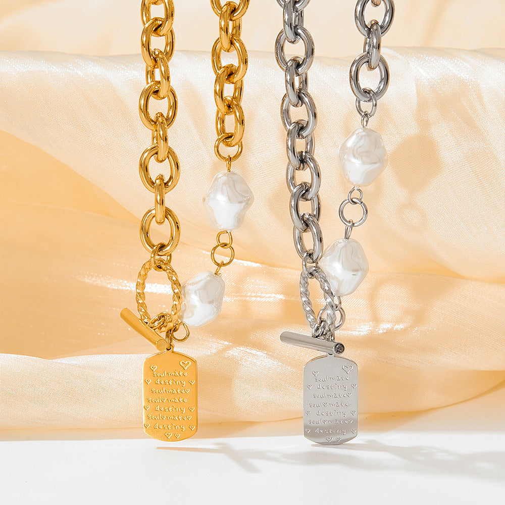 Geometric Square Pearl Bracelet Stitching Necklace Neutral Wind Hip-Hop Stainless Steel Sweater Chain Jewelry Set