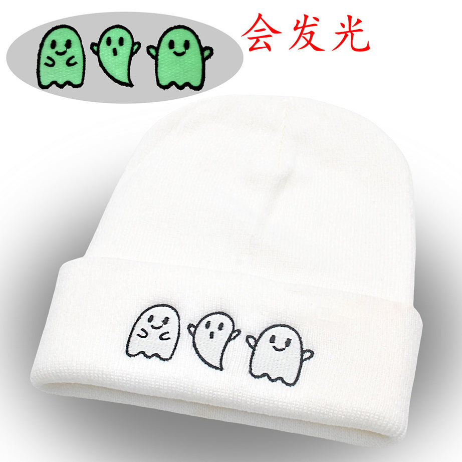 New Luminous Ghost Knitted Hat Halloween Cute Embroidered Little Devil Beanie Festive Pullover Hat Hip-Hop Hat
