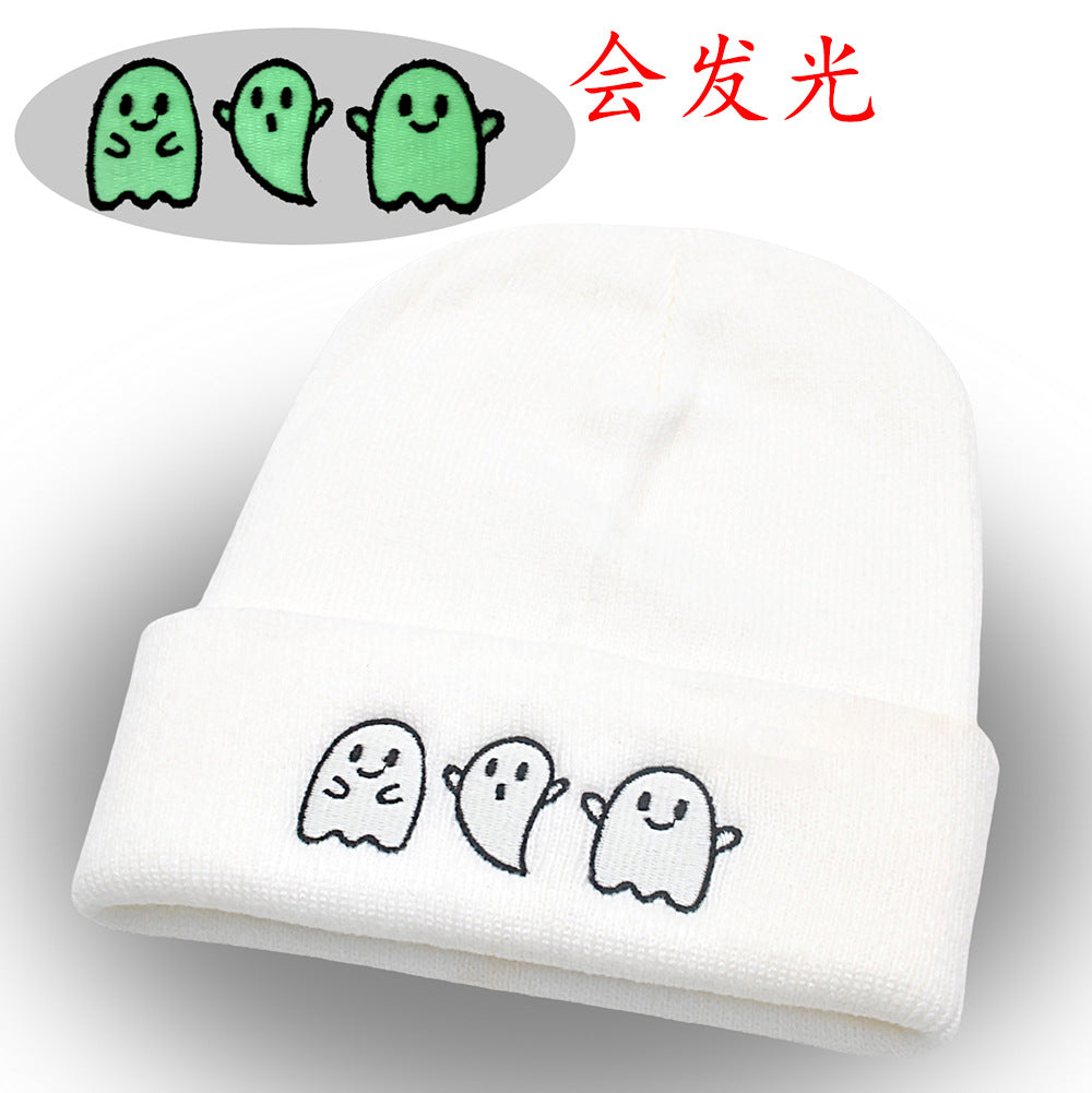New Luminous Ghost Knitted Hat Halloween Cute Embroidered Little Devil Beanie Festive Pullover Hat Hip-Hop Hat