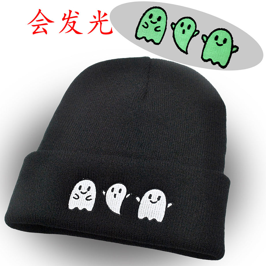 New Luminous Ghost Knitted Hat Halloween Cute Embroidered Little Devil Beanie Festive Pullover Hat Hip-Hop Hat