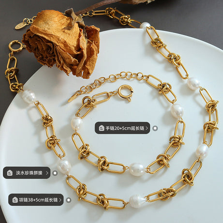 Gold-plated Retro Elegant Temperament Freshwater Pearl Twisted Chain Necklace Niche Bracelet Jewelry Set