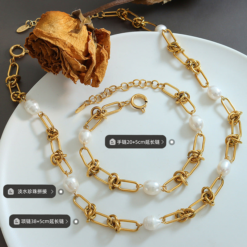 Gold-plated Retro Elegant Temperament Freshwater Pearl Twisted Chain Necklace Niche Bracelet Jewelry Set