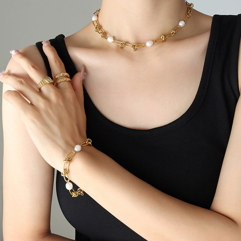 Gold-plated Retro Elegant Temperament Freshwater Pearl Twisted Chain Necklace Niche Bracelet Jewelry Set