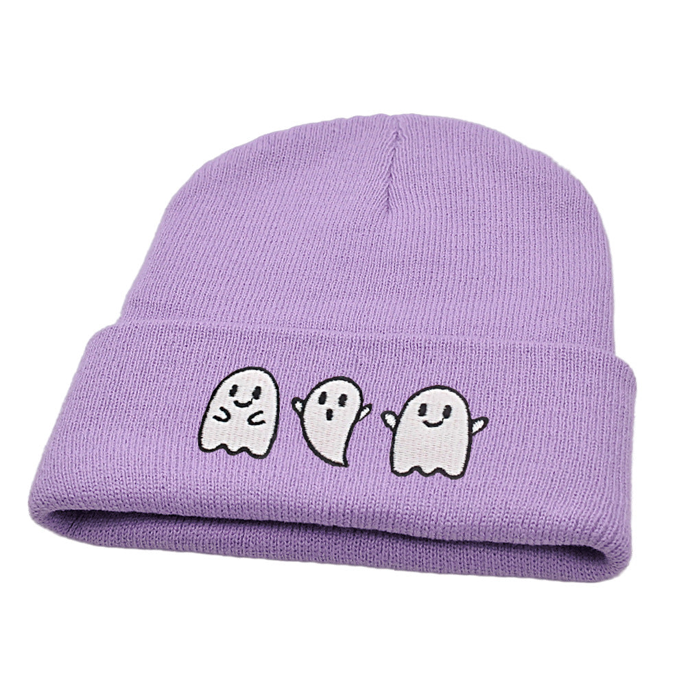 New Luminous Ghost Knitted Hat Halloween Cute Embroidered Little Devil Beanie Festive Pullover Hat Hip-Hop Hat