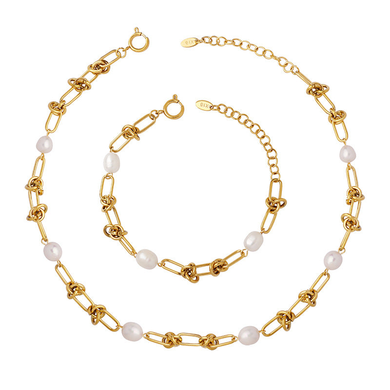 Gold-plated Retro Elegant Temperament Freshwater Pearl Twisted Chain Necklace Niche Bracelet Jewelry Set