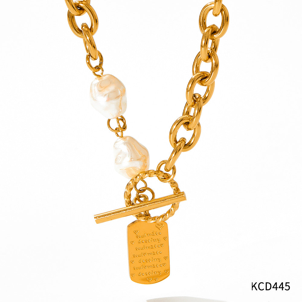 Geometric Square Pearl Bracelet Stitching Necklace Neutral Wind Hip-Hop Stainless Steel Sweater Chain Jewelry Set