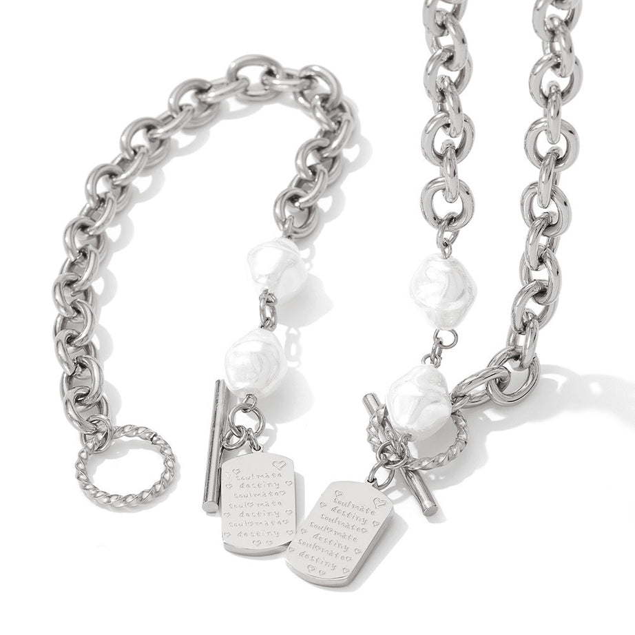 Geometric Square Pearl Bracelet Stitching Necklace Neutral Wind Hip-Hop Stainless Steel Sweater Chain Jewelry Set