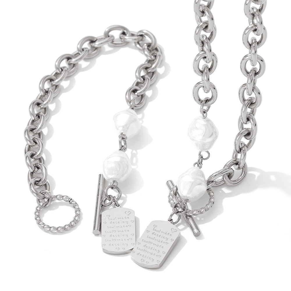 Geometric Square Pearl Bracelet Stitching Necklace Neutral Wind Hip-Hop Stainless Steel Sweater Chain Jewelry Set