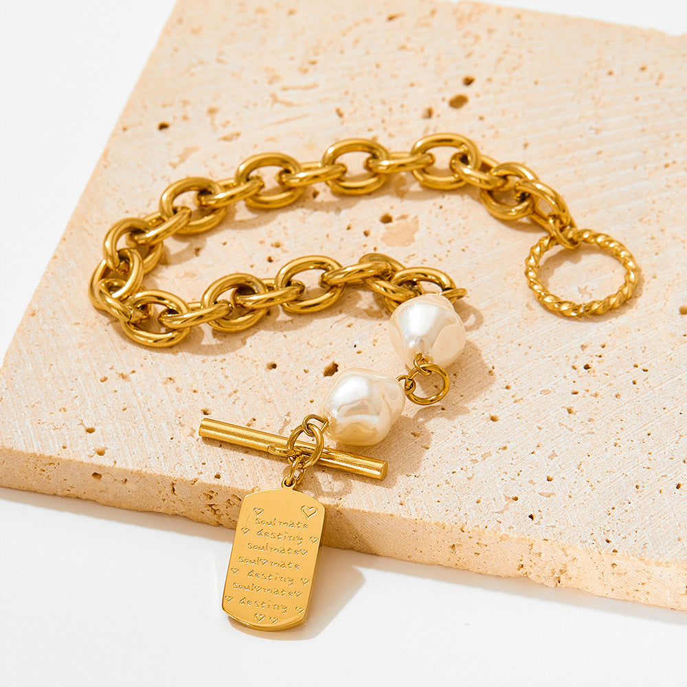 Geometric Square Pearl Bracelet Stitching Necklace Neutral Wind Hip-Hop Stainless Steel Sweater Chain Jewelry Set